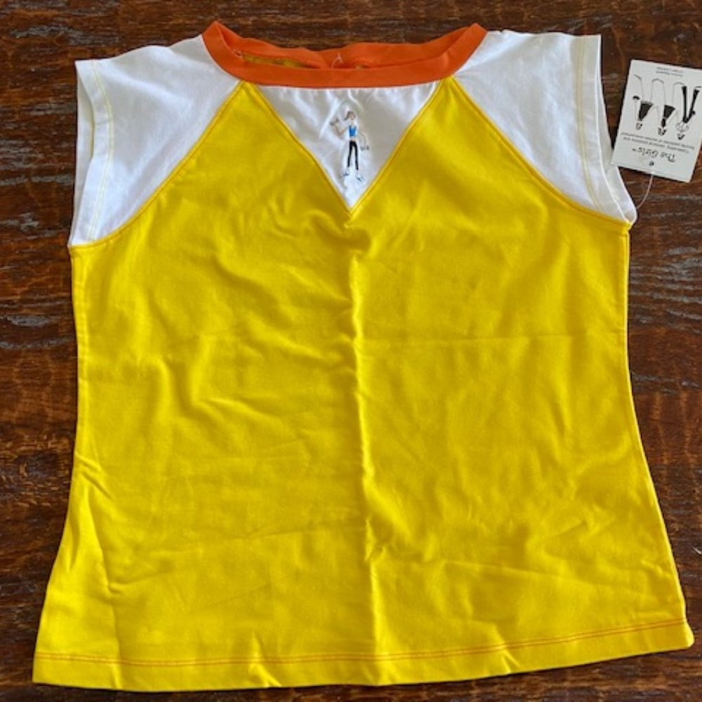 NWT * The Girls * YELLOW & WHITE Stretch DUMB-BELLS Workout ACTIVEWEAR Top * M